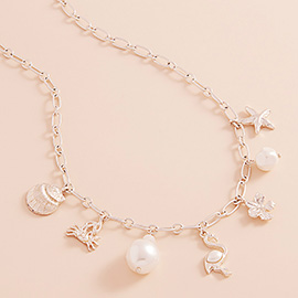 Metal Seashell Crab Starfish Flower Pearl Flamingo Charm Station Necklace