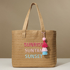 Raffia SUNRISE SUNTAN SUNSET Message Embroidered Summer Tote Bag