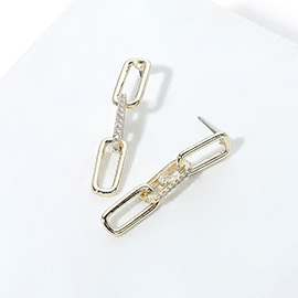 14K Gold Plated CZ Stone Paved Paperclip Chain Dropdown Earrings