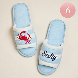 6Pairs - Crab Salty Message Embroidered Striped Pool Side Slippers / Home Indoor Floor Slippers