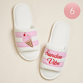 6Pairs -Ice Cream Cone Sundae Vibe Message Embroidered Striped Pool Side Slippers / Home Indoor Floor Slippers