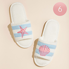 6Pairs - Starfish Seashell Embroidered Striped Pool Side Slippers / Home Indoor Floor Slippers