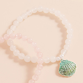 Stone Paved Colored Metal Seashell Faceted Beaded Stretch Bracelet