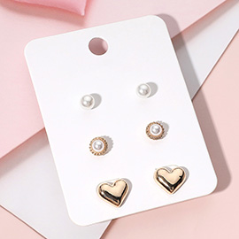 3Pairs - Pearl Metal Heart Stud Earring Set