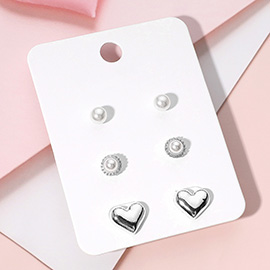 3Pairs - Pearl Metal Heart Stud Earring Set