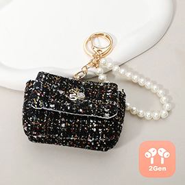 Tweed Bag Pearl Chain Mini Purse Keychain / Bag Charm