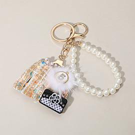 Sequin Beaded Pom Brooch Flower Handbag Tweed Jacket Pearl Chain Bag Charm / Keychain