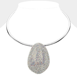Rhinestone Paved Abstract Oval Pendant Statement Necklace