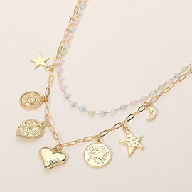 Metal Zodiac Taurus Medal Star Heart Crescent Charm Station Faceted Beads Station Layered Necklace