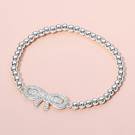 Stainless Steel Stone Paved Bow Ball Beaded Stretch Bracelet