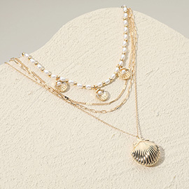 Metal Seashell Locket Pendant Pearl Shell Charm Station Pearl Chain Layered Necklace