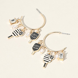 Lets Play Message Enamel Pickleball Pearl Charm Hoop Earrings