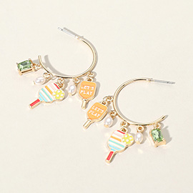 Lets Play Message Enamel Pickleball Pearl Charm Hoop Earrings