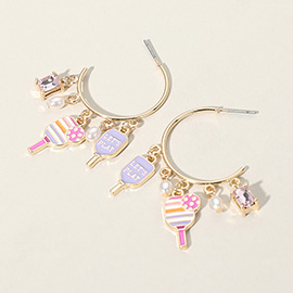 Lets Play Message Enamel Pickleball Pearl Charm Hoop Earrings