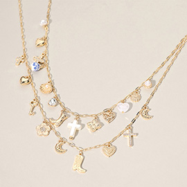 2PCS - Metal Cowboy Boot Seashell Pearl Cross Crescent Heart Flower Ceramic Ball Charm Station Necklace
