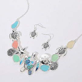 Sea Glass Sea Turtle Metal Seashell Sand Dollar Starfish Embellished Necklace