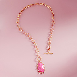 Pearl Around Marbled Enamel Hexagon Plate Pendant Toggle Necklace