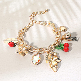 Metal Flower Leaf Heart Pearl Cluster Cherry Lady Bug Charm Station Chunky Chain Bracelet