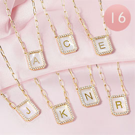 16PCS - Gold Dipped CZ Stone Paved Rim Mother of Pearl Plate Monogram Pendant Necklaces