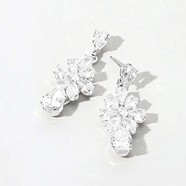Flower CZ Stone Cluster Teardrop Dangle Evening Earrings