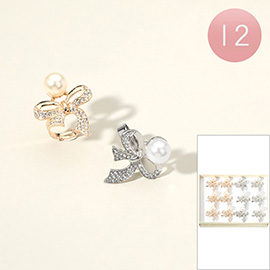 12PCS - Stone Paved Bow Pearl Adjustable Rings