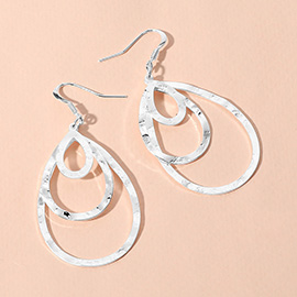 Hammered Metal Triple Open Teardrop Layered Dangle Earrings