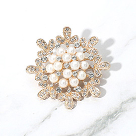 Pearl Embellished Stone Paved Flower Pin Brooch