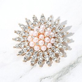Pearl Embellished Stone Paved Flower Pin Brooch