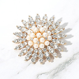 Pearl Embellished Stone Paved Flower Pin Brooch