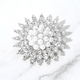 Pearl Embellished Stone Paved Flower Pin Brooch
