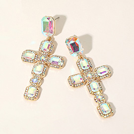 Glass Stone Cluster Cross Dangle Evening Earrings
