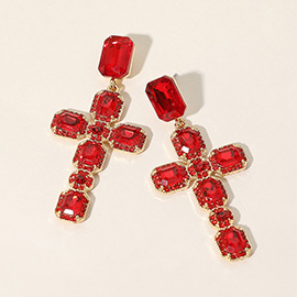 Glass Stone Cluster Cross Dangle Evening Earrings