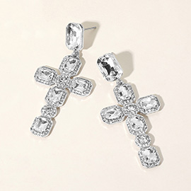 Glass Stone Cluster Cross Dangle Evening Earrings