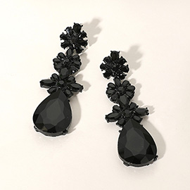 Triple Flower Stone Cluster Link Teardrop Pointed Evening Earrings