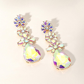 Triple Flower Stone Cluster Link Teardrop Pointed Evening Earrings