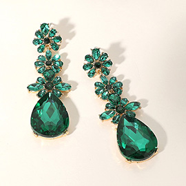 Triple Flower Stone Cluster Link Teardrop Pointed Evening Earrings