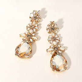 Triple Flower Stone Cluster Link Teardrop Pointed Evening Earrings