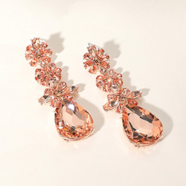 Triple Flower Stone Cluster Link Teardrop Pointed Evening Earrings