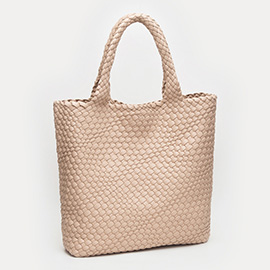 Faux Leather Braided Top Handle Tote Bag with Pouch