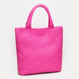 Faux Leather Braided Top Handle Tote Bag with Pouch