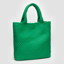 Faux Leather Braided Top Handle Tote Bag with Pouch