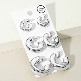 3Pairs - Wavy Puffy Metal Hoop Earring Set
