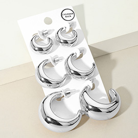 3Pairs - Metal Puffy Hoop Earring Set