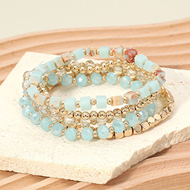 5PCS - Square Metal Ball Faceted Beaded Stretch Multi Layered Bracelets