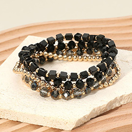 5PCS - Square Metal Ball Faceted Beaded Stretch Multi Layered Bracelets