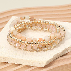 5PCS - Square Metal Ball Faceted Beaded Stretch Multi Layered Bracelets