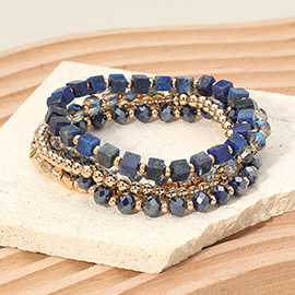 5PCS - Square Metal Ball Faceted Beaded Stretch Multi Layered Bracelets