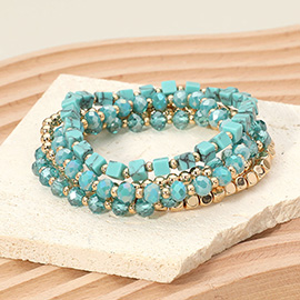 5PCS - Square Metal Ball Faceted Beaded Stretch Multi Layered Bracelets
