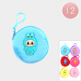 12PCS - Character Embroidered Fuzzy Round Coin Purses