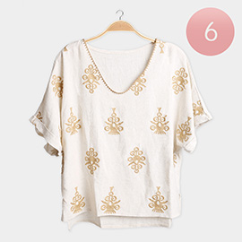 6PCS - Boho Embroidered Linen V-neck Short Sleeves Top